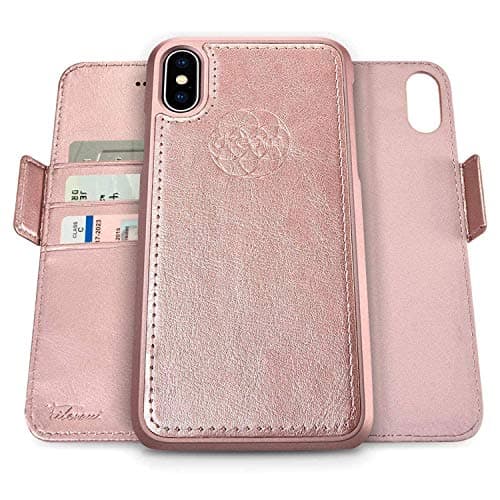 Image of dreem Fibonacci 2-in-1 Wallet Case for Apple iPhone X & Xs - Luxury Vegan Leather, Magnetic Detachable Shockproof Phone Case, RFID Card Protection, 2-Way Flip Stand - Rose