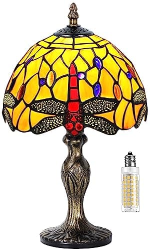 Image of MIAOKE Table Lamp Stained Glass Crystal Bead Style Table Light, Handmade Desk Bedside Table Night Lamp, Antique Art Craft Gifts Lover Kid Living Room Study Bookcase Desk Ligh(Orange Dragonfly)