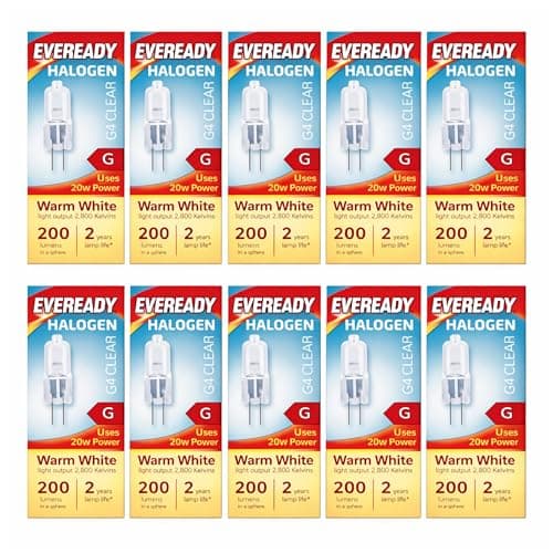 Image of 10x G4 Halogen Light Bulbs 20W 12V 2-Pin Base Replacement for Eveready Bulb JC Type Clear Capsule 200 Lumens, Dimmable, Warm White