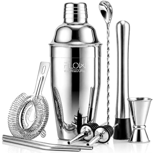 Image of FLOW Barware 10 Piece Cocktail Shaker Set | Cocktail Making Kit with 750ml Stainless Steel Shaker, Strainer, Jigger, Muddler, Bar Spoon, Pourers, Metal Straws & Recipe Download | Home Bar Gift