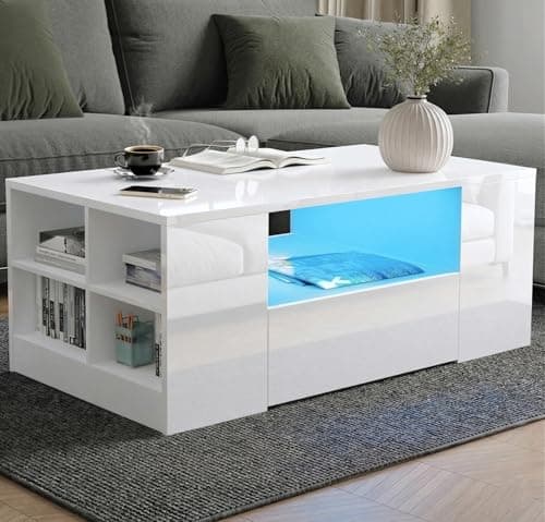 Image of Blisswood Led Coffee Table with 2 Drawer Storage, High Gloss Coffee Table for Living Room Wooden Centre Table with RGB Led Lights Rectangle Tea Table for Living Room Furniture, White