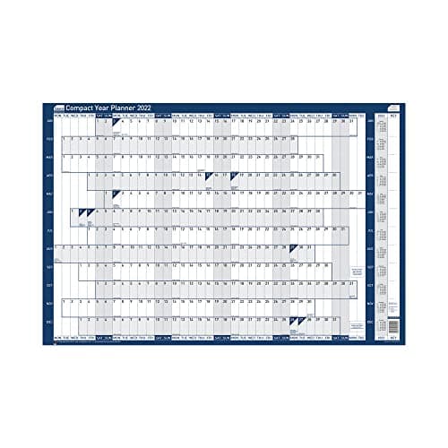 Image of Sasco 2022 Compact Year Wall Planner Landscape with wet wipe pen & sticker pack, Blue, Poster Style, 610W x 405mmH, 2410158