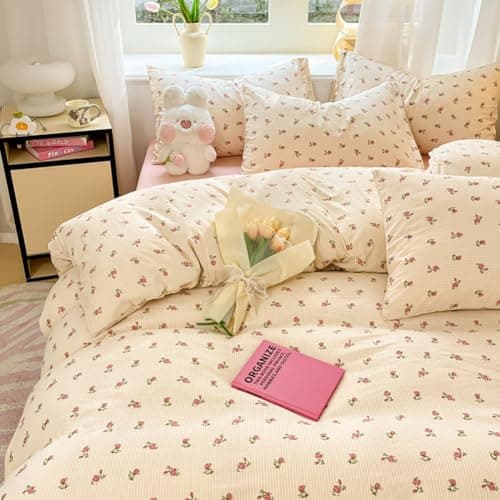 Image of Covebett Duvet Cover King Size Beige Pink Floral Flower Botanical Bedding Set Washed Microfiber 3pcs, 1 Soft Cosy Quilt Cover 220x230 Zipper Closure and 2 Pillowcase 50x75cm