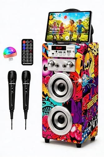 Image of DYNASONIC Portable Karaoke Machine, Karaoke Speaker with 2 Microphones, Bluetooth Speaker, USB Light Included, USB and SD Reader, Original Gift (025-12 Light)