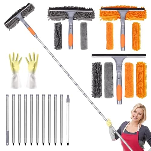 Image of 4.5M Extendable Window Cleaning Pole Set, Telescopic 2in1 Long Reach Window Cleaning Equipment with Silicon Squeegee and 5 Microfiber Pad(2Orange 3Gray), Telescopic Long Handle Squeegee with Gloves
