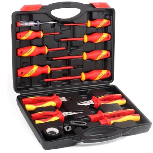 Image of FOURROBBER 13PCS VDE Insulated Electricians Tool Set,1000V Tested Screwdrivers Pliers,Includes Voltage Tester,Wire Stripper, Insulated Tape,Professional Electrical Tools Kit in Case