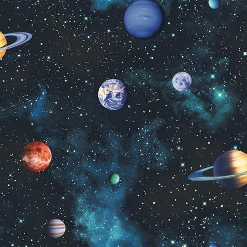 Image of Arthouse Kids Cosmos Space Planets Charcoal Gray Wallpaper - Twinkling Stars on a Midnight Background with Green Accents - Amazing 3D Effect - Ideal for Teenager Bedroom - 668100