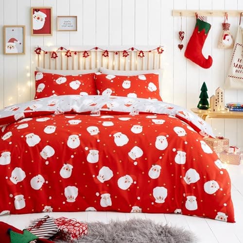 Image of Fusion Happy Santa Claus Duvet Cover – Single Size 140x200cm – Reversible Red Xmas Bedding – Father Christmas Design – 1 Pillowcase – Easy Care Festive Bedding Set