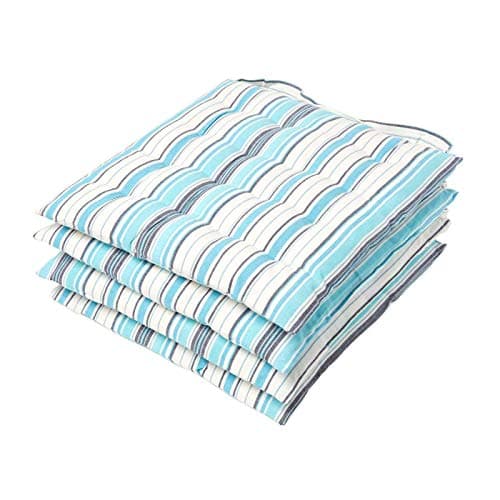 Image of HOMESCAPES Blue Stripe Seat Pad Cushion for Dining Chairs Set of 4 100% Cotton Chair Pad with Straps 40 x 40 cm ″New England″ Design