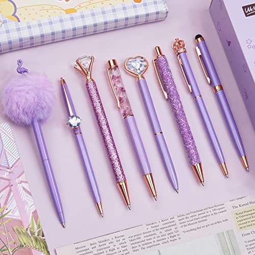 Image of WEMATE 8Pcs Ballpoint Pens Set Purple Pens Set Purple Ballpoint Pen Bling in Black & Blue Metal Crystal Diamond Pen for Journaling Glitter Fancy Pens Gifts for Women Wedding Office