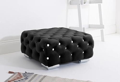 Image of Sofahub Milano Black Plush Velvet Fullback Sofa Set – Diamond Button Tufted Couch with Foam Cushions | 2 Seater, 3 Seater, 3+2, Armchair, Corner, Footstool & Coffee Table Options (Black, Foot Stool)