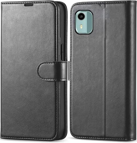 Image of KP TECHNOLOGY Nokia C12 Case, Flip Wallet Case with Card Slots, Money Compartment, Heavy Duty Protection, Magnetic Closure, Protective Stand (BLACK)