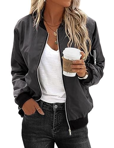 Image of Zeagoo Jackets For Women UK Lightweight Bomber Jacket Long Sleeve Zip Up Coat Flight Utility Outerwear with 2 Pockets Grey L
