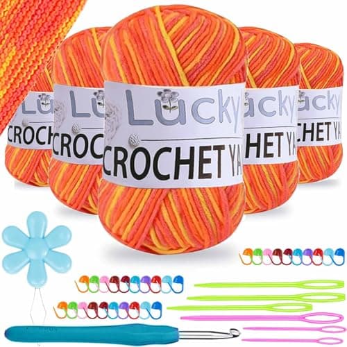 Image of Crochet Yarn Double Knitting Wool (6X50g), Multicoloured Acrylic Yarn Crochet Wool with Aluminum Crochet Hooks Stitch Markers for DIY Craft Blankets Socks Dolls (Orange Yellow Ombre)