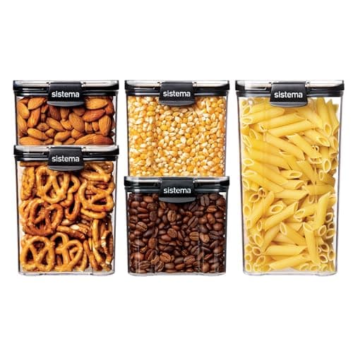Image of Sistema Ultra Square Airtight Pantry Storage Containers | Assorted Capacity Food Storage Solution | Stackable | Locking Clips | BPA-Free | Clear with Black Accents | 5 Count
