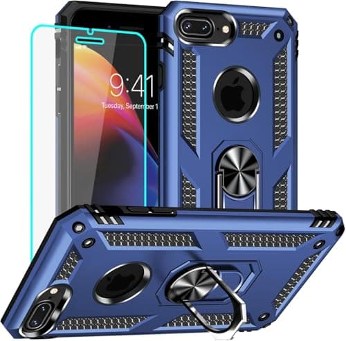 Image of Yiakeng for iPhone 8 Plus Case with Screen Protector, Military Grade Protective Phone Cover with Ring Holder Kickstand for iPhone 7 Plus / 8 Plus (Blue)