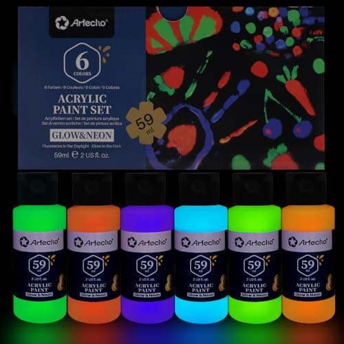 Image of Artecho Acrylic Paint Set for Art Painting, Decorate, 6 Neon and Glow in the Dark Colors 2-in-1 2 Ounce/59ml Acrylic Paint Supplies for Wood, Fabric, Crafts, Canvas, Leather&Stone