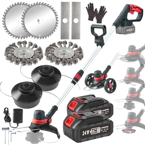Image of Garden Strimmer Cordless Strimmers 4 in 1 BRUSHLESS Strimmer Cordless, 24V Battery Strimmer w/WHEELS, 2 WIRE BRUSH, 2 SPOOL, 4 METAL BLADE Strimmers, 2x 4.0AH BATTERY, 30CM CUTTING Lawn Edging Tool