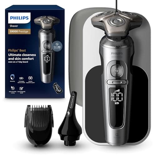 Image of Philips Shaver Series 9000 Prestige, Wet and Dry Electric Shaver, Bright Chrome, Lift & Cut Shaving System, SkinIQ Technology, Qi Charging Pad, Beard Styler, Nose Trimmer, Model SP9871/22