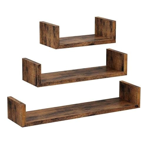 Image of HOMION Floating Shelf Set Of 3 Different Sizes U Shape Wooden DIY Display Unit Shelves U shaped Wall Mount Shelf Living Room Kitchen Garage Caravan Camping Room Storage Shelves (Rustic Brown)