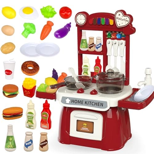 Image of Kitchen Toys Imitated Chef Light Music Pretend Cooking Food Play Dinnerware Set Children Girl Toy Kitchen Sink with Running Water and Electronic Induction Stove (red kitchen)