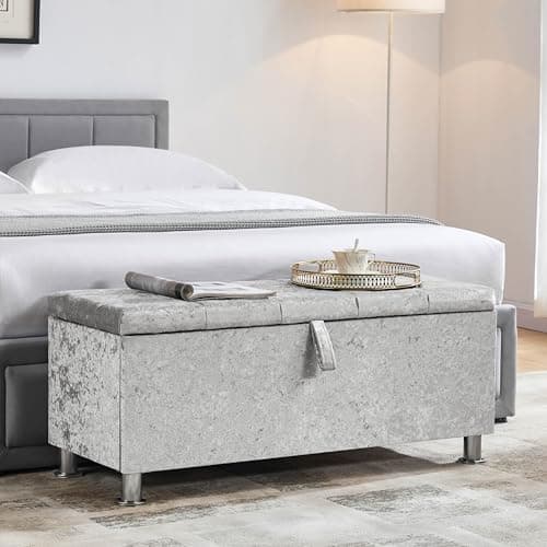 Image of Vida Designs Valencia Storage Ottoman, Fabric in Silver Velvet, 100x40x44cm - Storage Ottoman with Lift-Up Lid, Ideal for Toys, Bedding & Footstool Use | UKFR Certified
