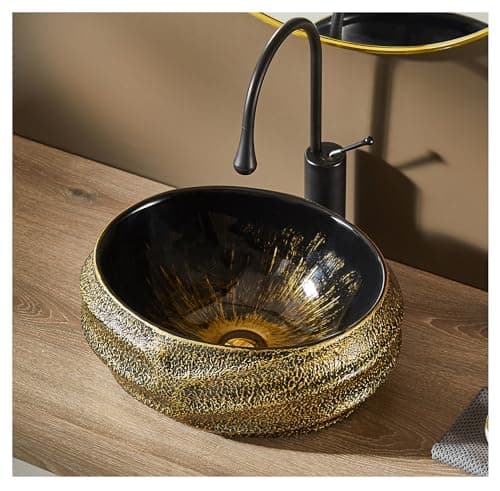 Image of MEJE 45x40cm Oval Bathroom Vessel Sink, Antique Pattern Design, Above Counter Art Basin,Porcelain Ceramic Countertop Vanity Sink, Vintage Gold (Include pop up Drain)