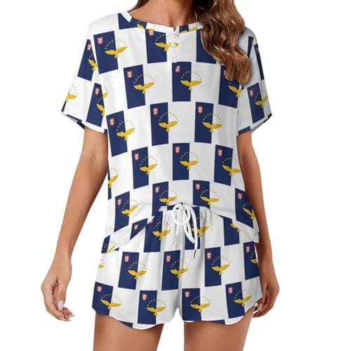 Image of Flag of The Azore Ladies Short Pyjamas 2 Piece Lounge Wear Set for Women T-shirt And Shorts Summer