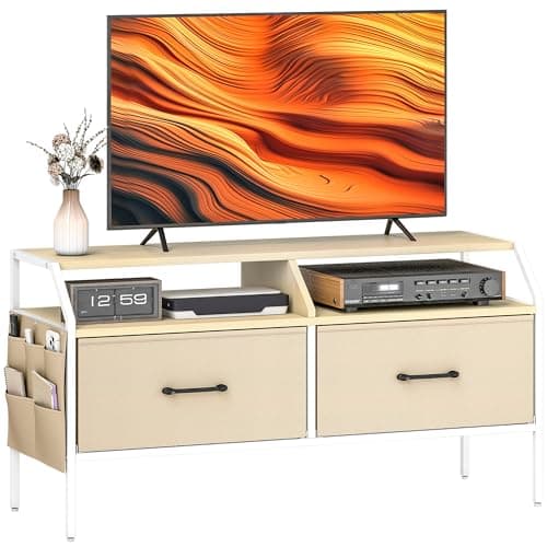 Image of HOMCOM TV Stand Cabinet, TV Unit for 55-inch TVs with 2 Foldable Fabric Drawers, 5 Divided Side Pockets, Open Shelves, Console Table for Living Room, Bedroom, Entertainment Room, Natural Wood Finish