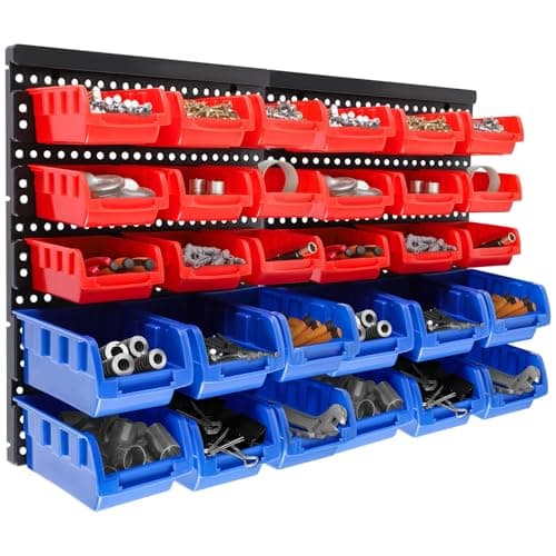 Image of CROWNSHOP 32 PCS Wall Mount Storage Organiser Bin Panel Rack DIY Tool Bits Boxes 64 * 41cm Wall Mounted Pegboard Hook, Storage Bins and Panel Set Tool, Parts and Craft Organizer(Red+Blue)