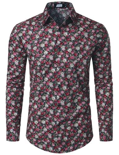Image of JOGAL Mens Regular fit Floral Dress Shirt Long Sleeve Printed Casual Button Down Shirts Red White Large