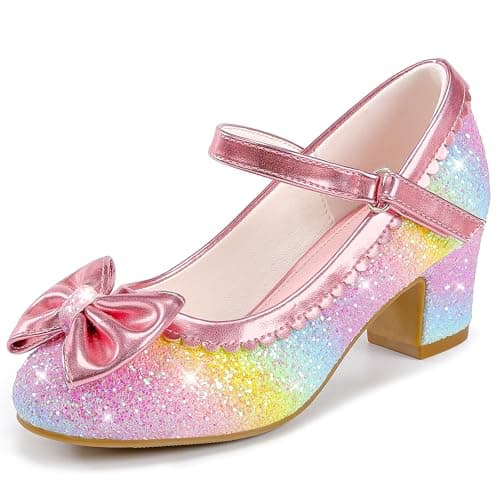 Image of LAURMOSA Princess Shoes Pink Heels Girls Party Shoes Kids High Heels with Bow Mary Janes Sparkly Flower Girl Shoes Size 13 for Toddler Little Kids Wedding Birthday Prom Dress Up (UKL1036SeRainbow 13)