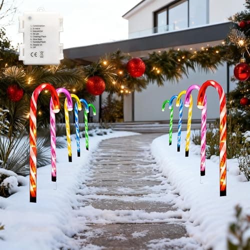 Image of 5 Pieces Christmas Pathway Lights 55cm, Multicolour Candy Cane Stakes Battery Operated, Garden Outdoor Christmas Decorations Patio Pathway Drive Way Lights