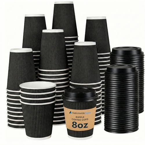 Image of Nationwide Paper 8oz Triple Wall Ripple Paper Cups with Lids Black Insulated Disposable Takeaway Coffee Cups for Hot Drinks, Tea, Cappuccino & Espresso, Recyclable Catering Tableware (Pack of 100)
