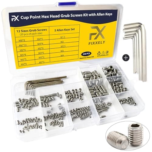Image of FIXXELY Grub Screws Assorted Set of 240 (M3,M4,M5,M6,M8) Cup Point & Hex Head with 5 Allen Key (M1.5,M2,M2.5,M3,M4) - 304 Stainless Steel Assorted Sizes Ideal for Door Handle, Home Repairs & Fixtures
