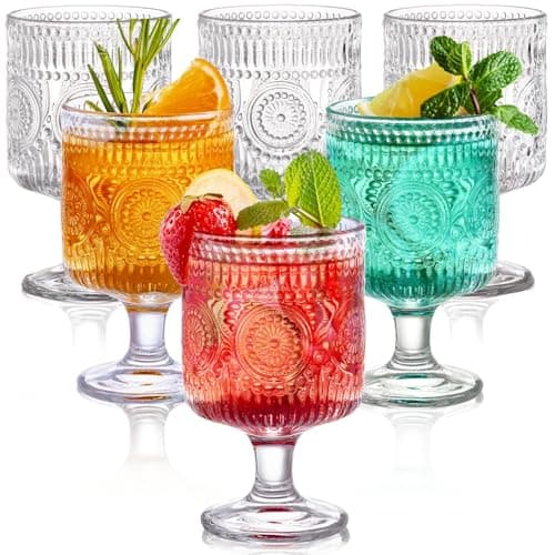 Image of Pumtus 6 Pack Vintage Goblet Glasses, 8 OZ Embossed Floral Glass Cup, Clear Romantic Wine Glassware, Unique Pressed Pattern Stemware, Mixed Drink Glasses Set for Cocktail, Juice,Whiskey, Beer