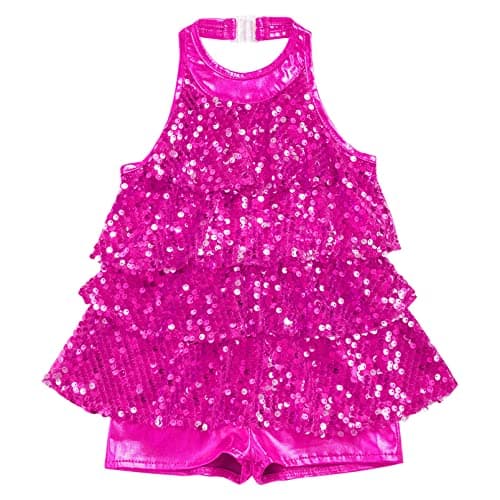 Image of dPois Girls Kids Shiny Sequins Dancing Costume Jazz Hip Hop Latin Modern Dance Tassel Dress Salsa Rumba Dancing Clothes Rose 8 Years