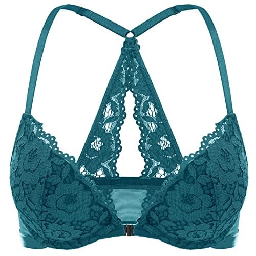 Image of DOBREVA Women's Push Up Bra Support Racer Back Front Fastening Lace Padded Plunge Underwired Bra Spruce Green 38D