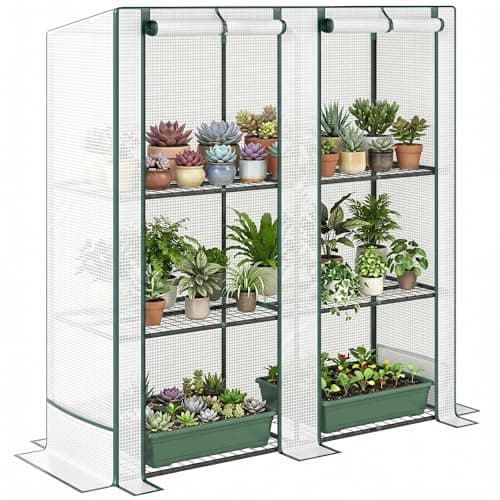 Image of Outsunny 3 Tier Lean-to Mini Greenhouse with Reinforced PE Cover, Portable Small Greenhouse with Roll-Up Door, Green Hemmed Edging, 144 x 48 x 152cm, Green