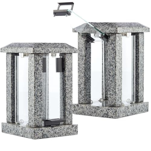Image of Large Granite Candle Lantern – H 22.6" (32cm) Highly Polished Grey Stone - Heavy & Elegant Indoor or Outdoor Square Lantern, Versatile Use for Garden, Terrace, or Home - Modern Design