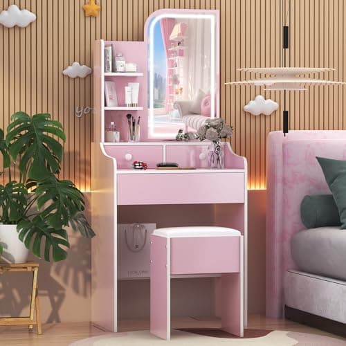 Image of Dressing Table with Stool, Makeup Vanity Desk with Mirror and Lights, 3 Drawers & Side Storage Shelves, LED Mirror Color Changing Makeup Desk Vanity Table for Kids Teens Girls, 60cm Vanity Set Pink