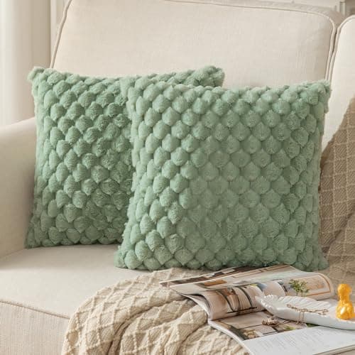 Image of Mandioo Pack of 2 Sage Green Super Soft Plush Decorative Cushion Covers 16x16 inch 40x40 cm Wool Velvet Throw Pillow Covers cases Faux Fur fluffy Couch Sofa Bed Livingroom