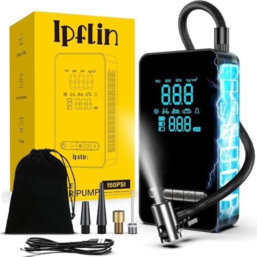Image of Ipflin Tyre Inflator Cordles Compressor - Portable Electric Bike Pump 150 PSI with Digital Display,Rechargeable Tyre Accessories for Car,Bike and Motorbike with Pressure Gauge and LED Light,Upgarde