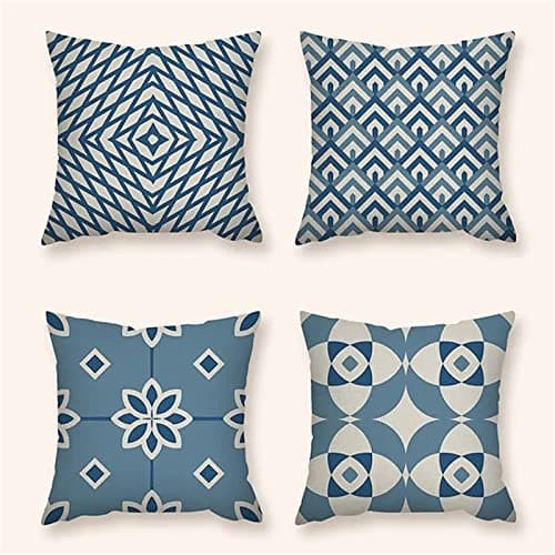 Image of Cushion Covers 12x12 inch Outdoor Cushions Set of 4 BLUE GEOMETRY Printed Pillow Covers Square Double Sided Velvet Cushions for Patio Couch Balcony Farmhouse Garden Decorative Pillowcases a1106
