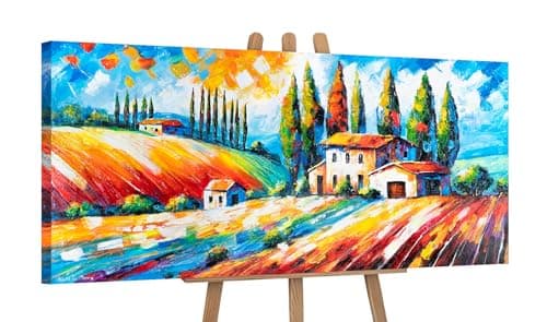 Image of YS-Art Original Acrylic Painting | Vibrant Tuscany Fields Landscape | Colourful Countryside Canvas | Bright Living Room Wall Art 45x20 inch
