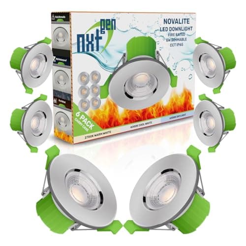 Image of nxt gen NovaLite 6-Pack 6W Fire Rated LED Downlights | Tri-Colour CCT | IP65 Dimmable Ceiling Spotlights | Chrome | 30/60/90 min Fire Rated | Bathroom & Kitchen Lighting
