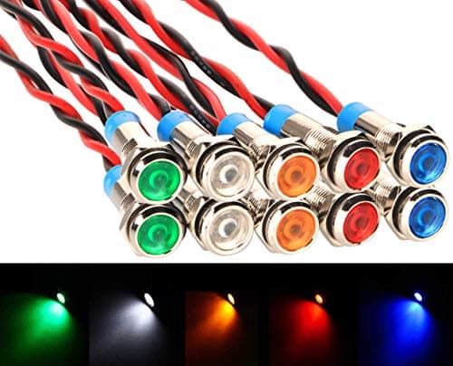 Image of Gebildet 10pcs 6mm 1/4" AC/DC 12-24V LED Energy Saving Metal Indicator Light Waterproof Signal Lamp with Wire(Green/Yellow/Red/Blue/White)