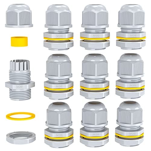 Image of PEBA® IP68 Waterproof Grey Cable Glands 20mm, M20 x 1.5 Outdoor Electrical Box Cable Gland, Suitable for 4mm - 12mm Cables, Cable Compression Glands with Locknut, Grey Cable Glands Joints