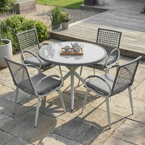 Image of Bravich Rattan Garden Furniture Set 4 Seater Patio Dining Set Outdoor Table and Chairs Garden Table and Chairs with Tempered Glass Top Cushioned Seats Grey