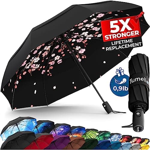 Image of TUMELLA Strongest Windproof Travel Umbrella (Compact, Superior & Beautiful), Small Strong but Light Portable and Automatic Folding Rain Umbrella, Durable Premium Grip, Fits Car & Backpack Black Pink